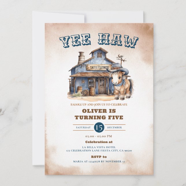 Yee haw Cowboy Rodeo Wild West Ranch 5th Birthday Invitation (Front)