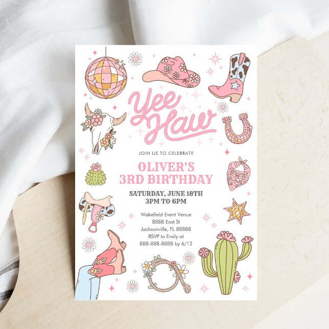 Yee Haw Girl Rodeo Retro Disco Cowgirl Birthday Invitation (Creator Uploaded)