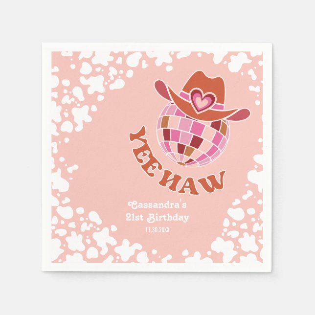 Yee Haw Peach Disco Cowgirl Rodeo Birthday Napkins (Front)