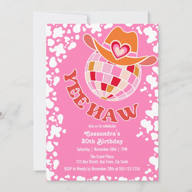 Yee Haw Pink Disco Cowgirl Rodeo Birthday Invitation (Front)