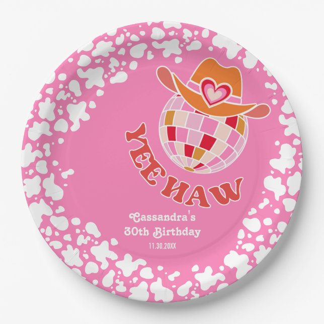 Yee Haw Pink Disco Cowgirl Rodeo Birthday Paper Plates (Front)