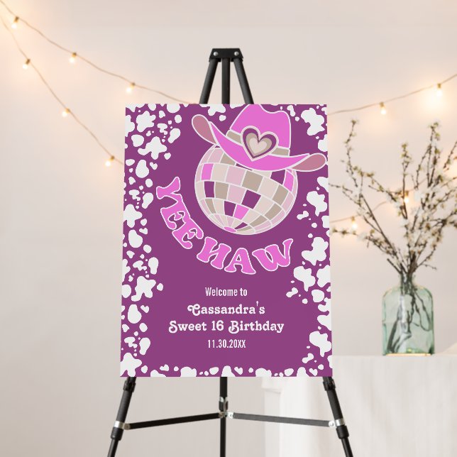 Yee Haw Purple Disco Cowgirl Rodeo Birthday Foam Board (In Situ (Stand))