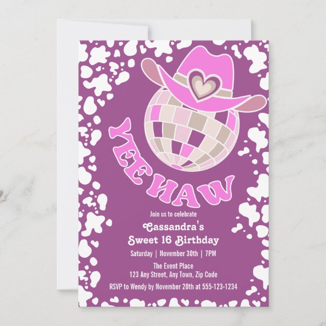 Yee Haw Purple Disco Cowgirl Rodeo Birthday Invitation (Front)