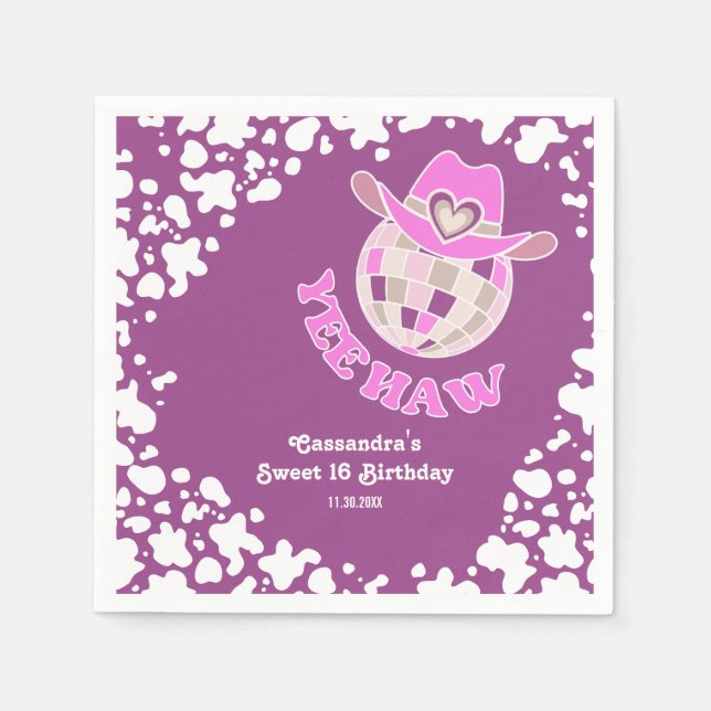 Yee Haw Purple Disco Cowgirl Rodeo Birthday Napkins (Front)
