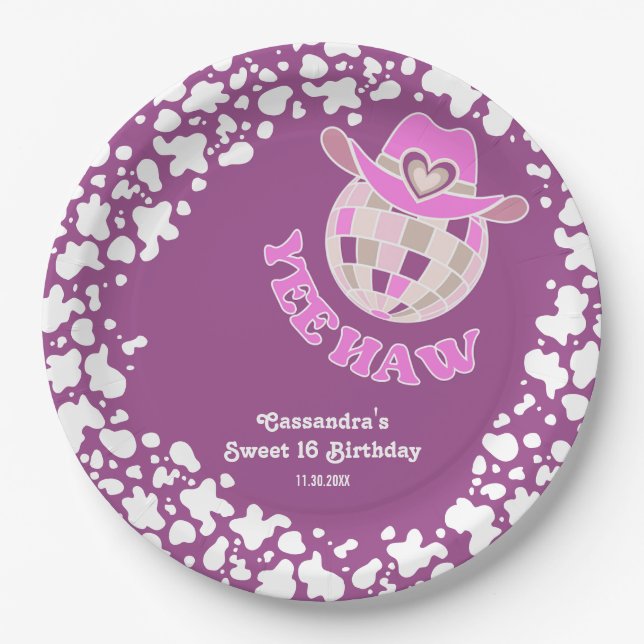 Yee Haw Purple Disco Cowgirl Rodeo Birthday Paper Plates (Front)