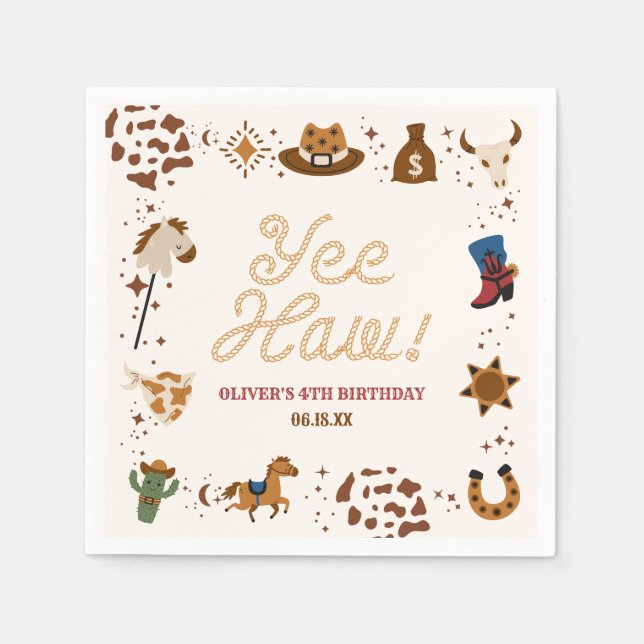 Yee Haw! Western Cowboy Rodeo Birthday Party Napkins (Front)