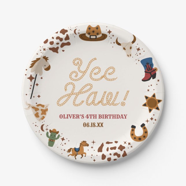 Yee Haw! Western Cowboy Rodeo Birthday Party Paper Plates (Front)