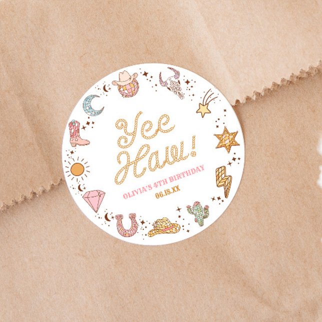 Yee Haw! Western Disco Cowgirl Birthday Party Classic Round Sticker (Creator Uploaded)