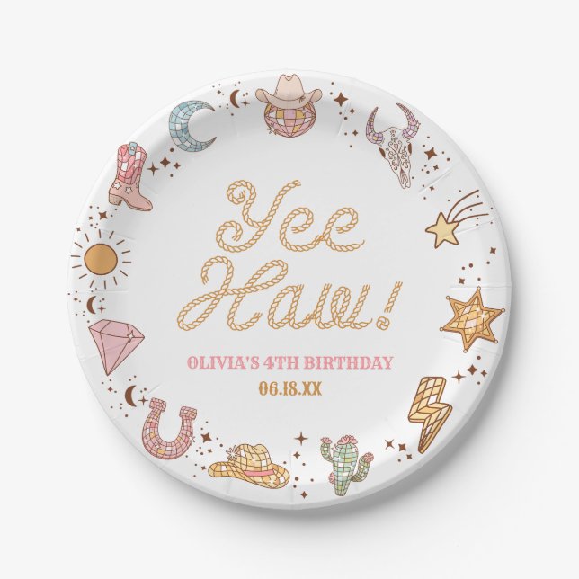 Yee Haw! Western Disco Cowgirl Birthday Party Paper Plates (Front)