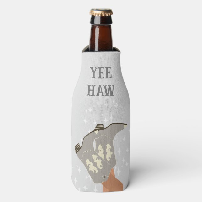 Yee Haw Western Rodeo Cowboy Boots Grey Bottle Cooler (Bottle Front)