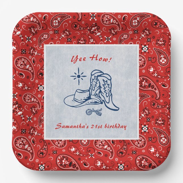 Yee How Western Paisley Denim Blue Jeans Birthday Paper Plates (Front)