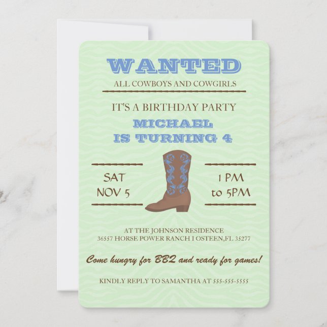 YEEHAW! Blue Cowboy Birthday Party Invitation (Front)