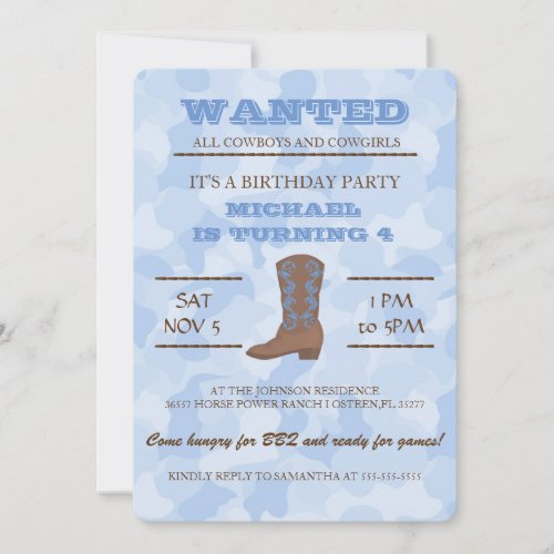 YEEHAW Blue Cowboy Birthday Party Invitation
