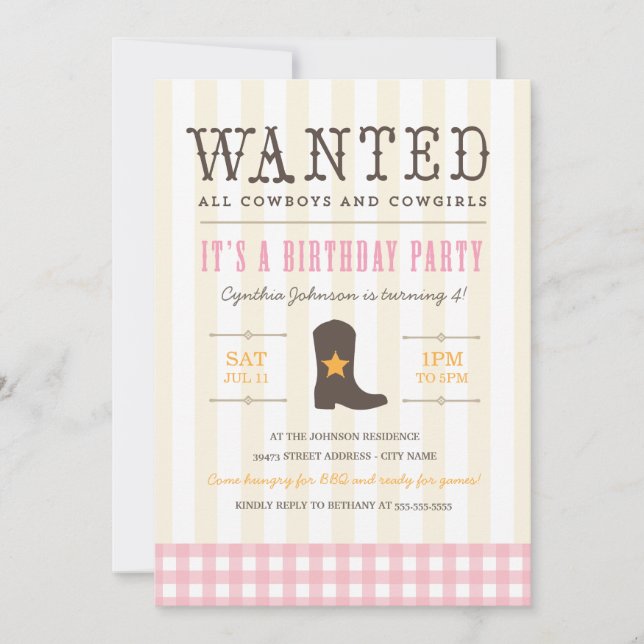 Yeehaw! Cowgirl Birthday Party Invitation (Front)