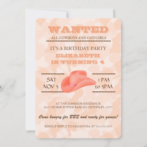 YEEHAW Orange Cowgirl Birthday Party Invitation