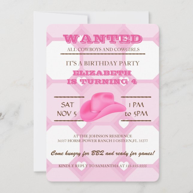 YEEHAW! Pink Cowgirl Birthday Party Invitation (Front)