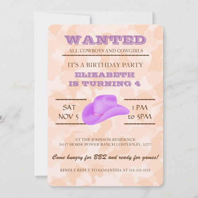 YEEHAW! Purple Cowgirl Birthday Party Invitation (Front)