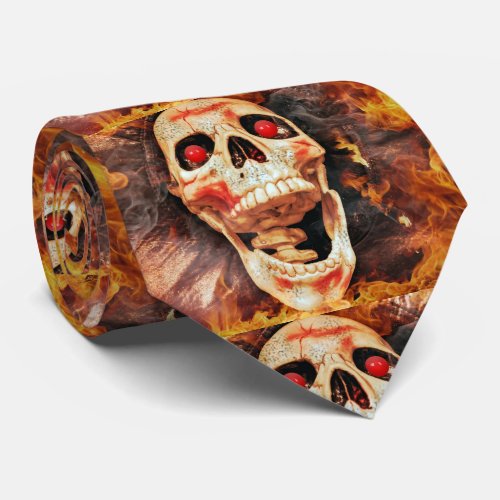 Yelling Skull with Fire Background Halloween Tie