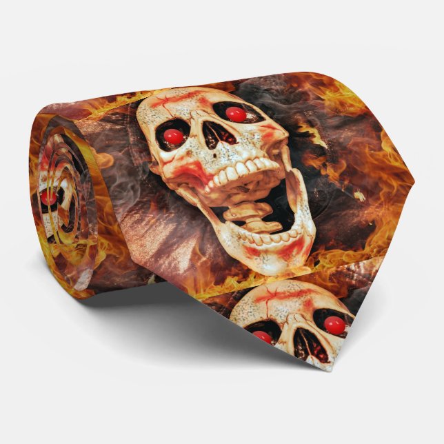 Yelling Skull with Fire Background Halloween Tie (Rolled)