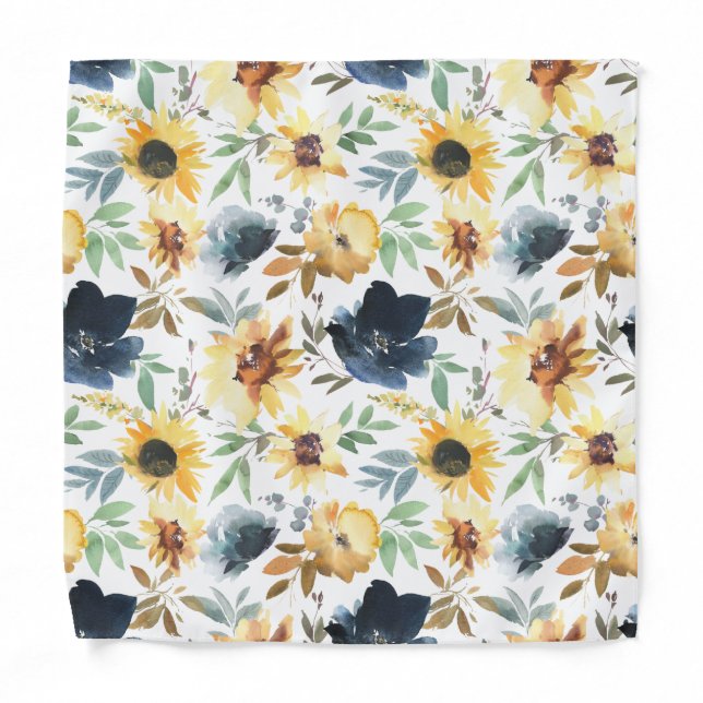 Yelllow Sunflowers Navy Blue Floral Pocket Square Bandana (Front)