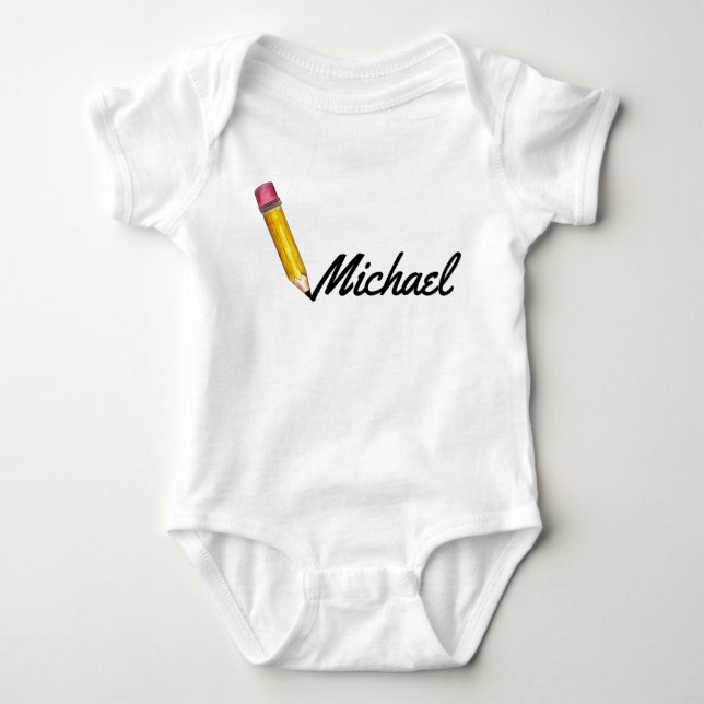 Yellow #2 School Pencil Writing Personalized Name Baby Bodysuit (Front)