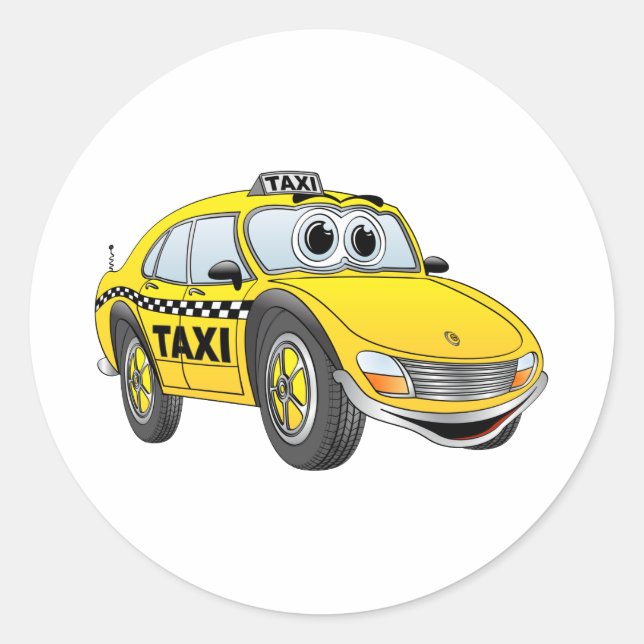 Yellow 4 Door Taxi Cab Cartoon Classic Round Sticker (Front)