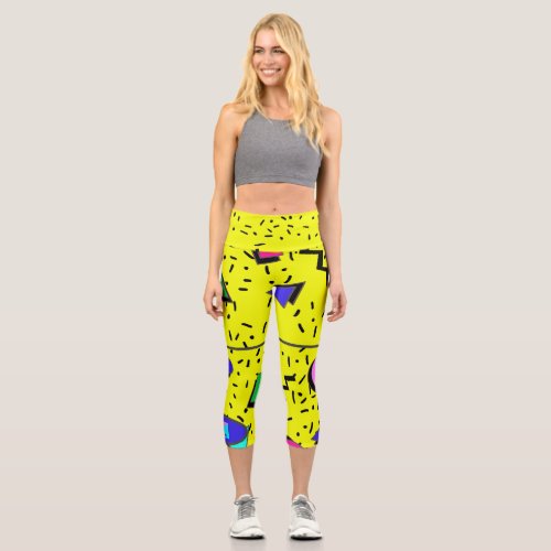 Yellow 80s Memphis Abstract Style Retro Seamless Capri Leggings