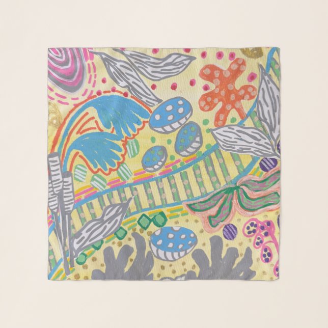 Yellow abstract botanical chiffon scarf  (Front)