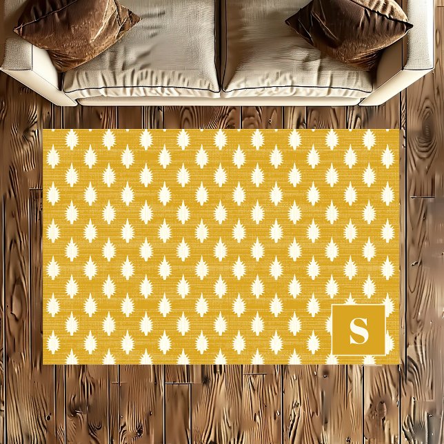 Yellow Abstract Geometric Spikes Boho Monogram Rug (Creator Uploaded)
