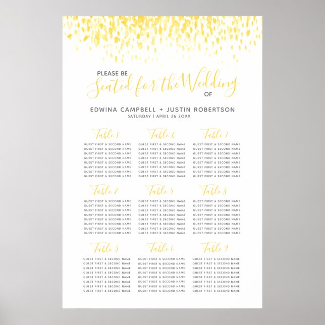 Yellow abstract watercolor art wedding table plan poster (Front)