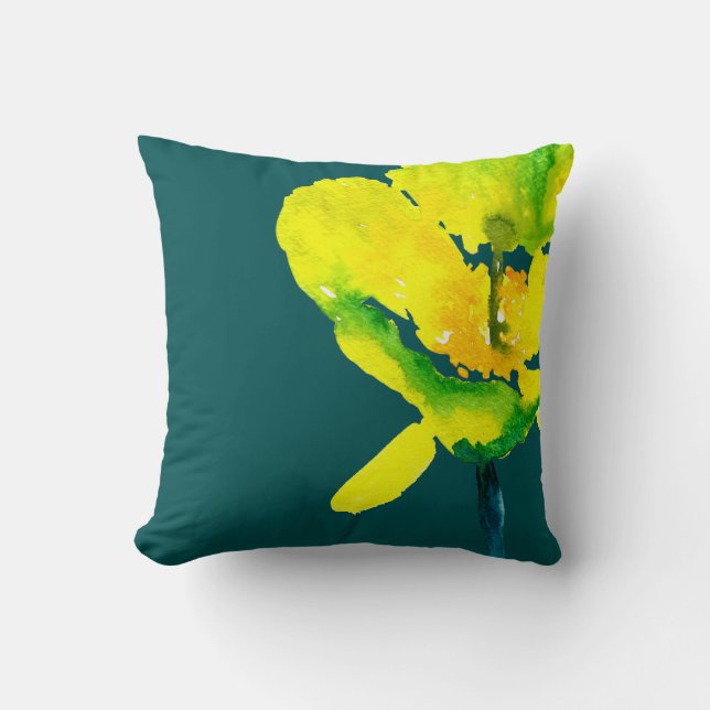 Yellow abstract watercolor loose floral throw pillow (Front)