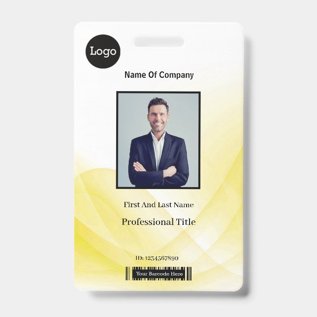 Yellow Abstract Wave Business Photo ID Badge (Front)