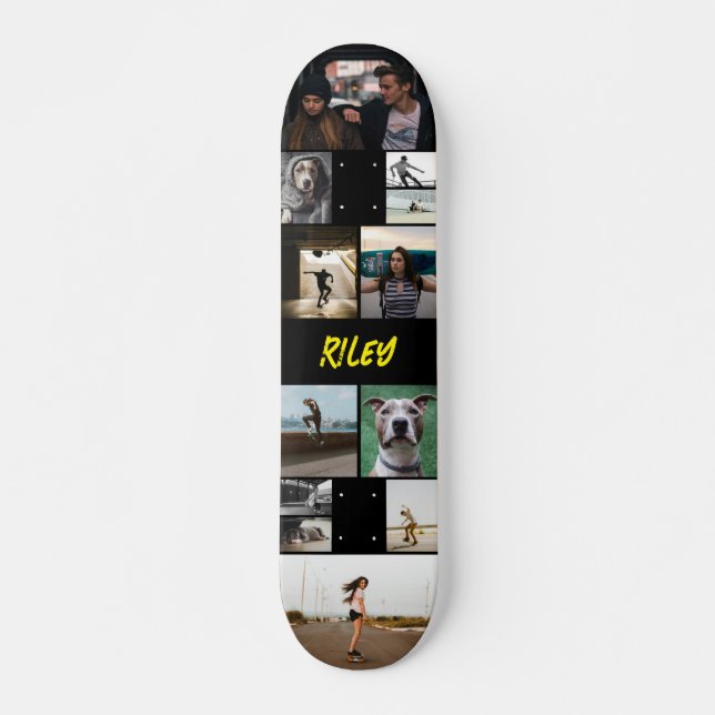 Yellow Add Name Black Photo Collage Template Skateboard (Front)