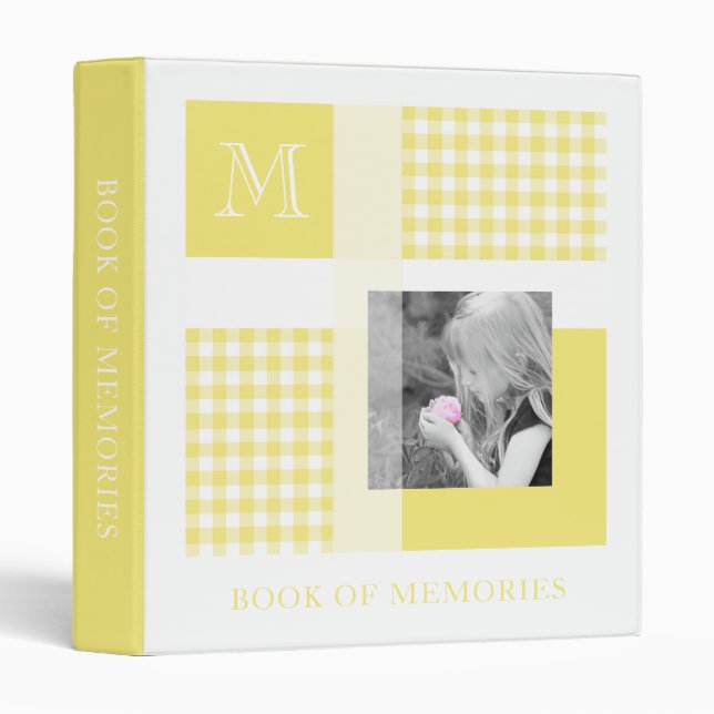 Yellow Add Your Photo Gingham Modern Monogram 3 Ring Binder (Front/Spine)