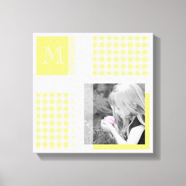 Yellow Add Your Photo Gingham Modern Monogram Canvas Print (Front)