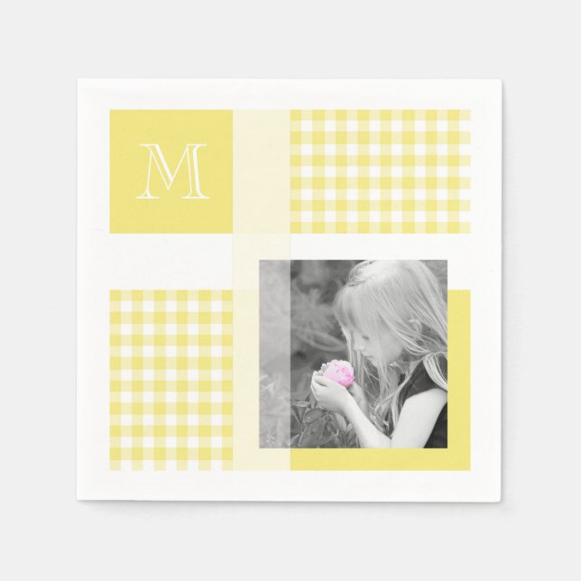 Yellow Add Your Photo Gingham Modern Monogram Napkins (Front)