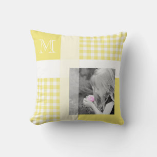 Yellow Add Your Photo Gingham Modern Monogram Throw Pillow