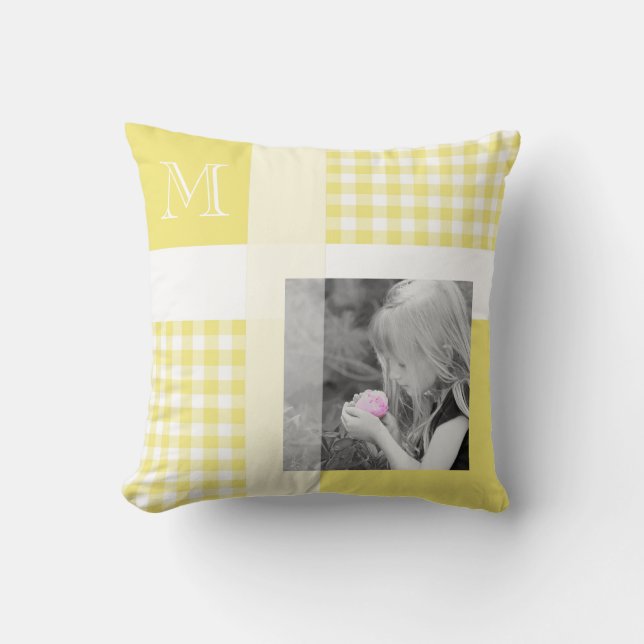 Yellow Add Your Photo Gingham Modern Monogram Throw Pillow (Front)