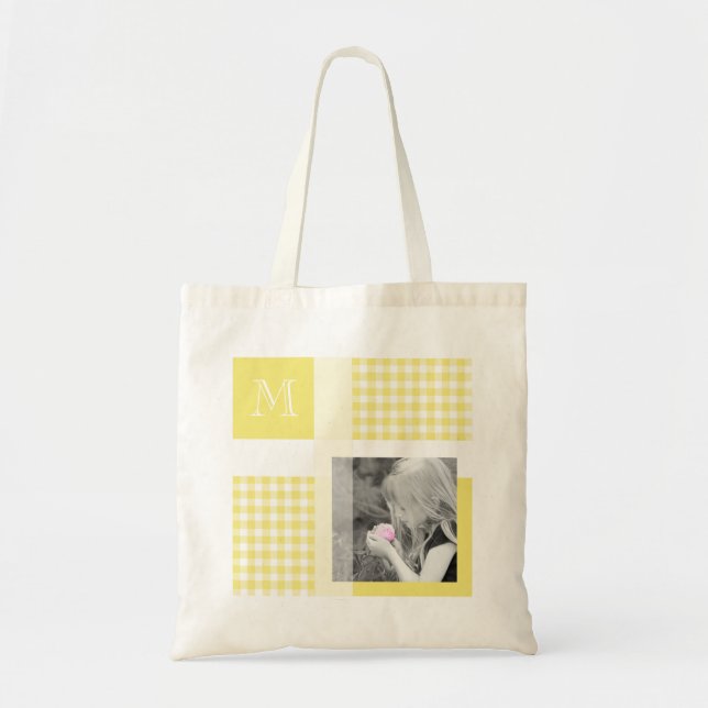 Yellow Add Your Photo Gingham Modern Monogram Tote Bag (Front)
