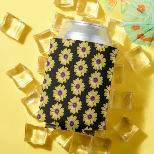 Yellow African Daisy Floral Pattern on Black Can Cooler