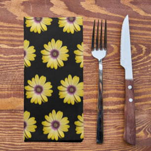Yellow African Daisy Floral Pattern on Black Cloth Napkin