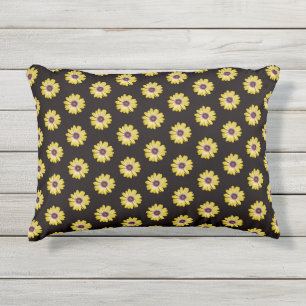 Yellow African Daisy Floral Pattern on Black Outdoor Pillow