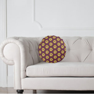 Yellow African Daisy Floral Pattern on Purple Round Pillow