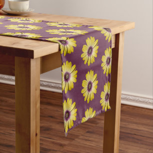 Yellow African Daisy Floral Pattern on Purple Short Table Runner