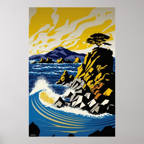 Yellow ai coastal landscape yellow vintage art  poster