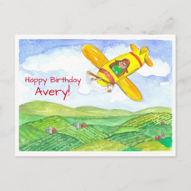 Yellow Airplane Happy Birthday Custom Name Postcard (Front)