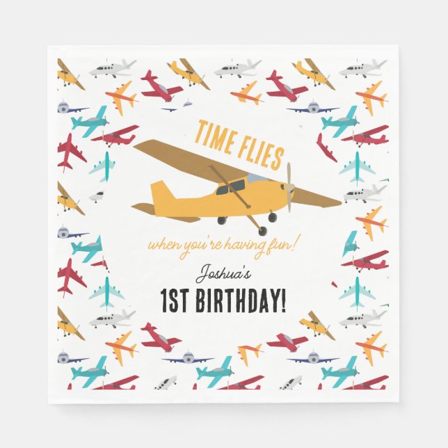Yellow Airplane Kids 1st Birthday Party Time Flies Napkins (Front)