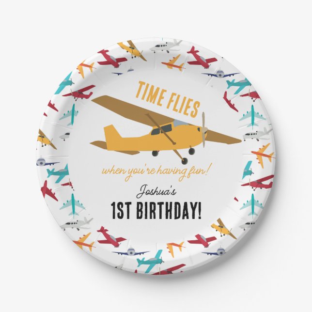 Yellow Airplane Kids 1st Birthday Party Time Flies Paper Plates (Front)