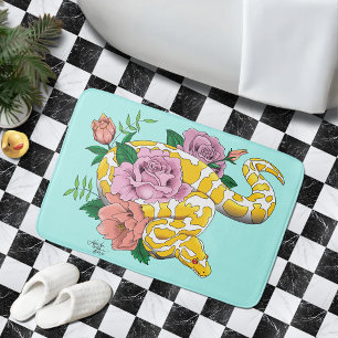 Yellow Albino Ball Python Teal Roses Bath Mat