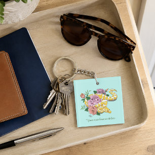 Yellow Albino Ball Python Teal Roses Business Keychain